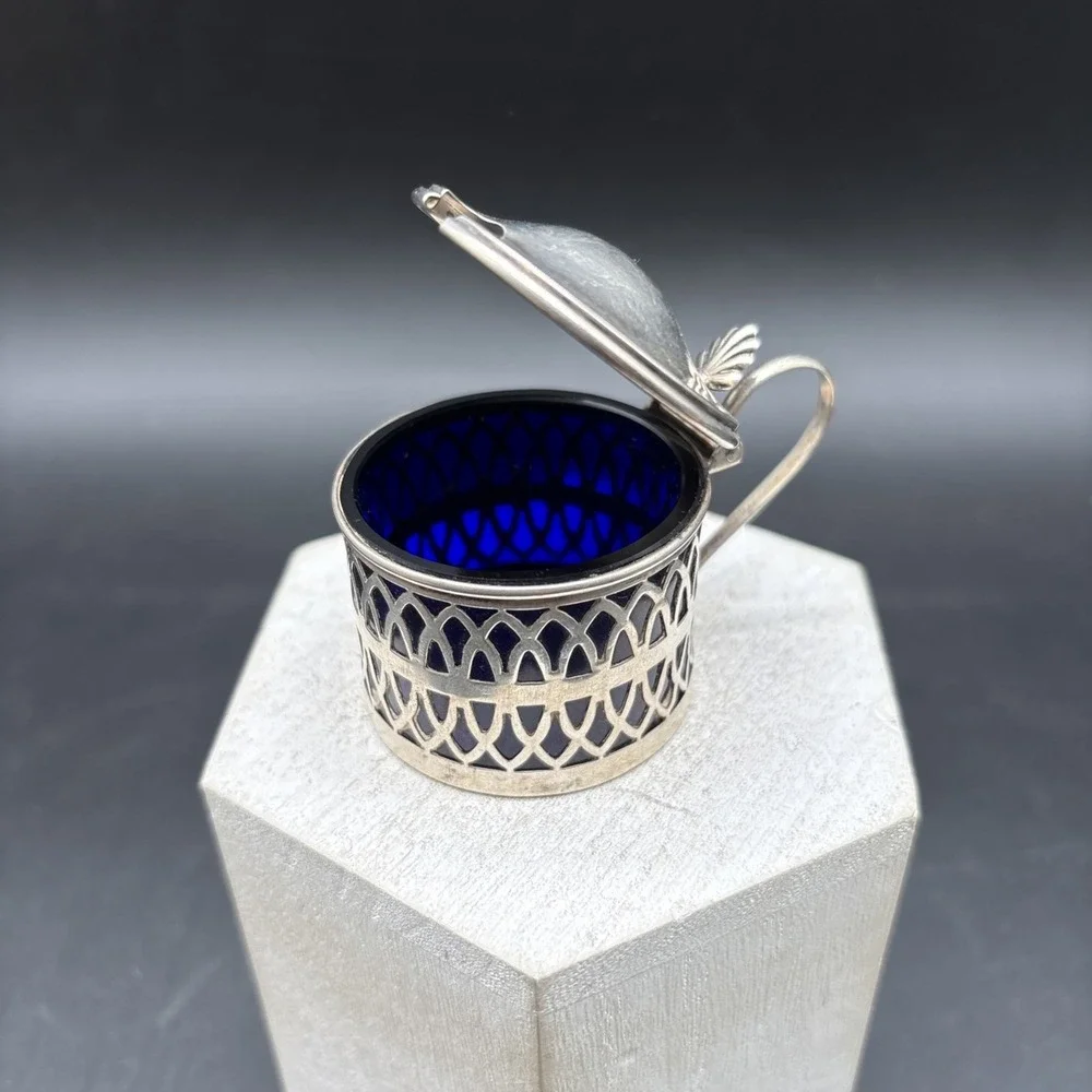 Sterling Silver 925 Mustard Pot Cobalt Blue Glass Liner‎ Openwork Vintage
